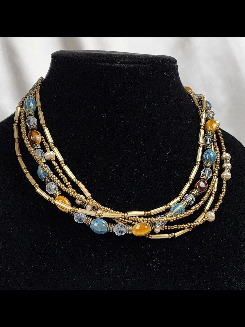 Premier Designs Gold Multi-Strand Necklace with Blue and Amber Beads